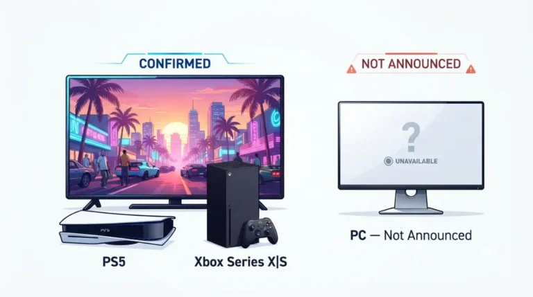 GTA 6 PC release status showing PS5 and Xbox Series X|S confirmed while PC is not announced