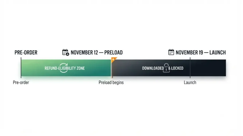 GTA 6 pre-order refund timeline showing preload on November 12 and launch on November 19