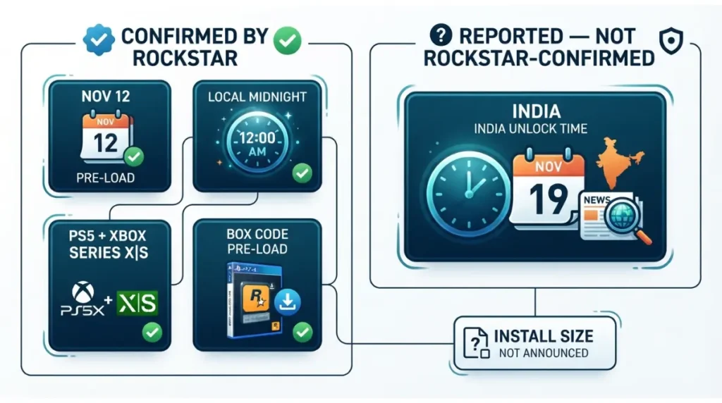 GTA 6 pre-load information showing Rockstar confirmed and reported details