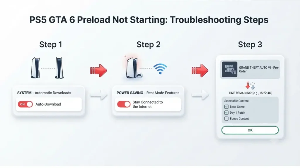 GTA 6 preload PS5 troubleshooting showing Auto-Download, rest mode internet, and Game Library checks