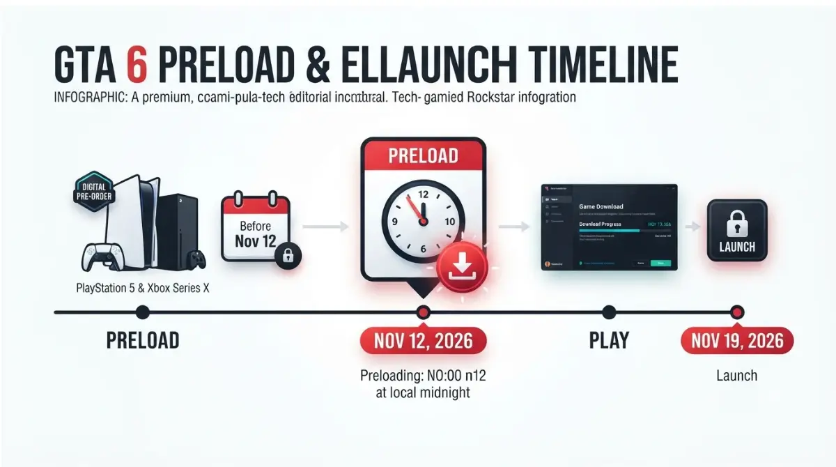 GTA 6 preload timeline showing November 12 preload start and November 19 launch date