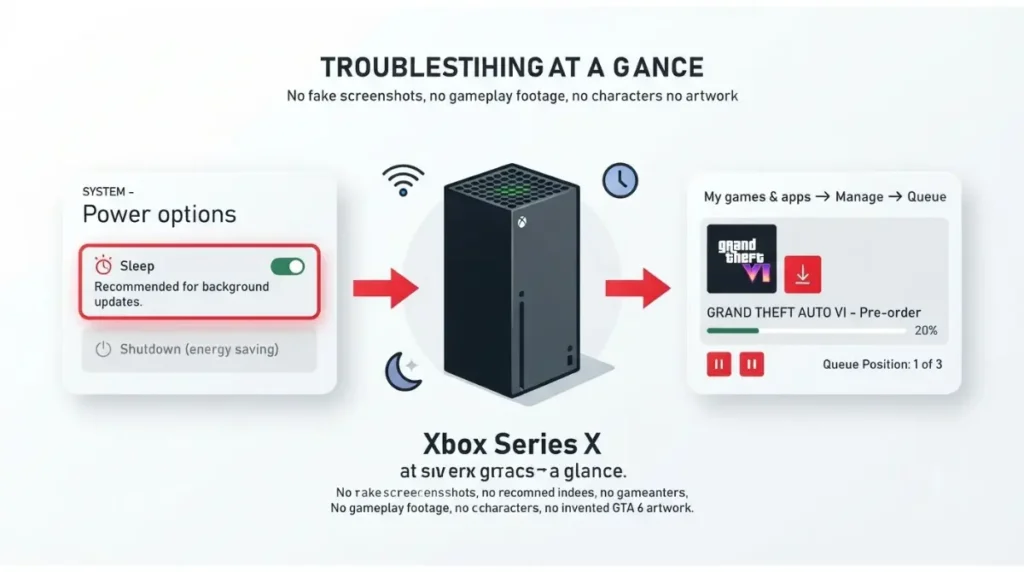GTA 6 preload Xbox troubleshooting showing power options and download queue