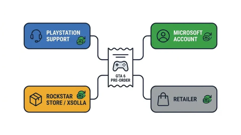 Diagram showing which store handles a GTA 6 pre-order refund
