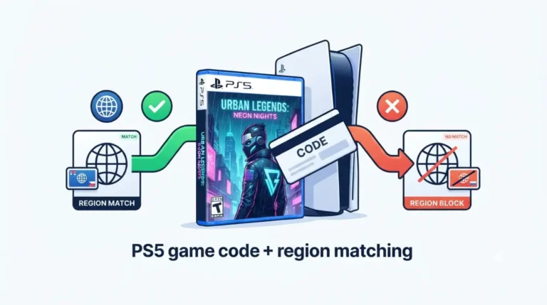 GTA 6 PS5 code region matching illustration showing compatible and incompatible regions