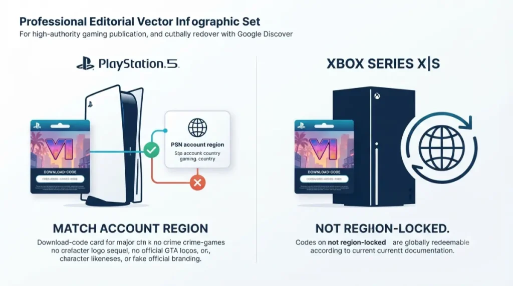 GTA 6 PS5 and Xbox code region lock comparison showing account matching requirements