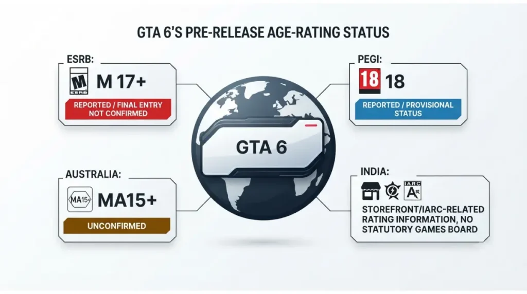GTA 6 rating status comparison for ESRB, PEGI, Australia and India