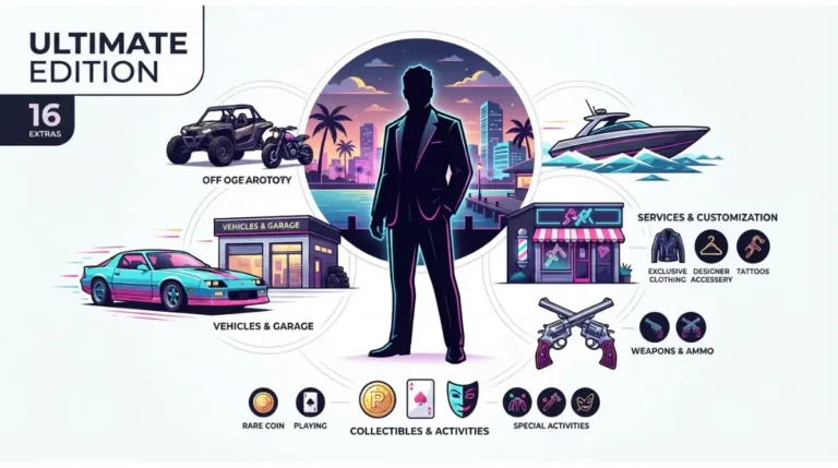 GTA 6 Ultimate Edition 16 extras overview with vehicles weapons shops and activities