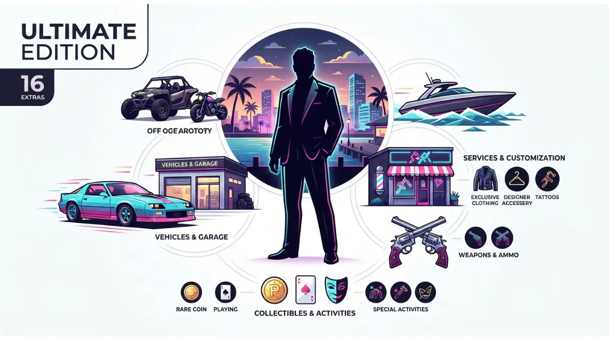 GTA 6 Ultimate Edition 16 extras overview with vehicles weapons shops and activities