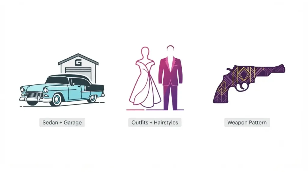 GTA 6 Vintage Vice City Pack contents with sedan garage outfits hairstyles and weapon pattern