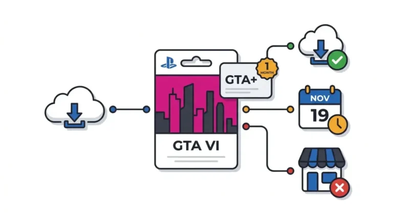 Vector illustration showing whether a GTA VI purchase includes a free GTA+ month after checking the store, format, and purchase date