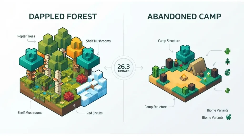 Minecraft Seeds showing the 26.3 dappled forest and abandoned camp world-generation features