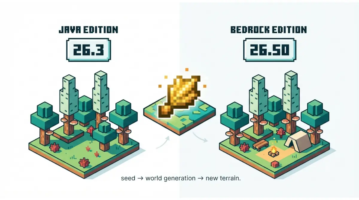 Minecraft Seeds Java 26.3 vs Bedrock 26.50 showing new world generation changes