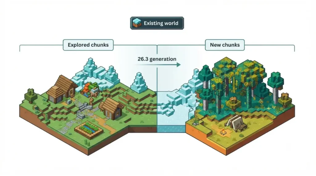 Minecraft Seeds showing explored chunks versus newly generated chunks in Minecraft 26.3