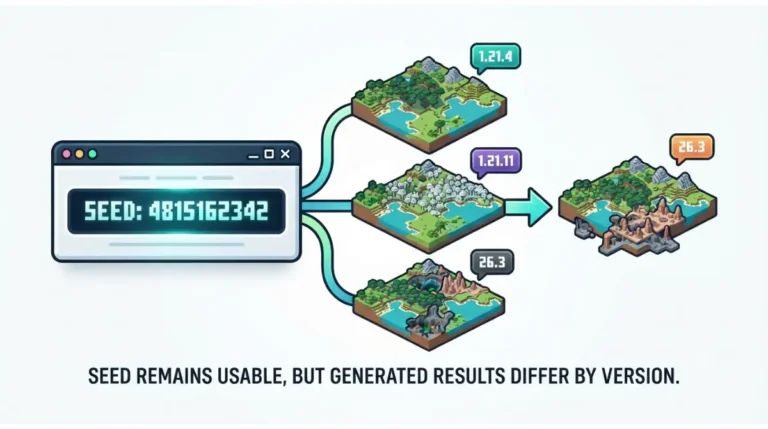 1.21 Seed version comparison showing 1.21.4, 1.21.11, and 26.3 world generation