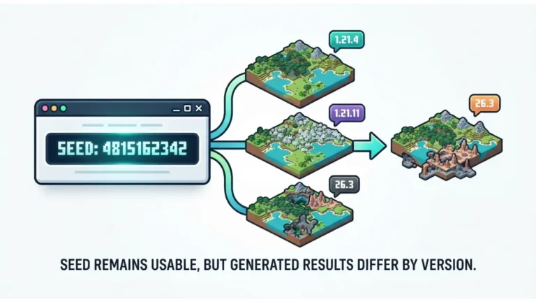 1.21 Seed version comparison showing 1.21.4, 1.21.11, and 26.3 world generation