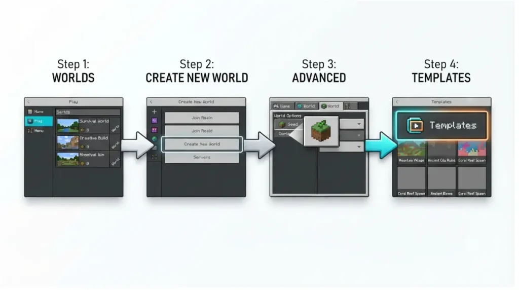 Bedrock Seed template navigation from Create New World to the Templates menu