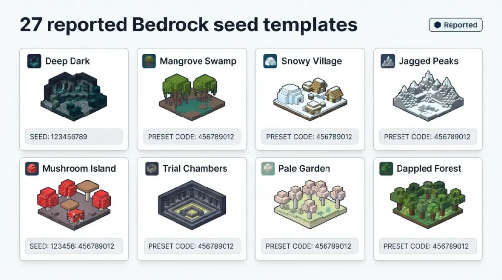 Bedrock Seed templates list showing named presets and seed numbers