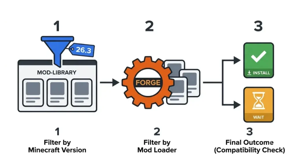 Three-step Forge mod compatibility workflow showing how to check whether a Forge mod supports Minecraft 26.3 by filtering for the game version and Forge loader