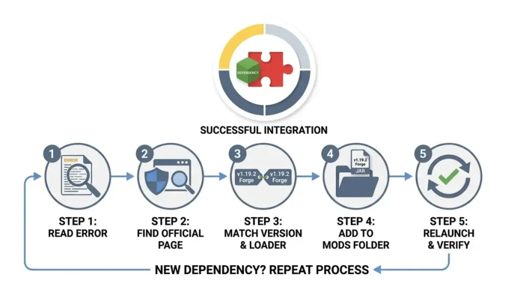 Minecraft Mod missing dependency fix workflow vector infographic showing five steps from error reading to relaunch.