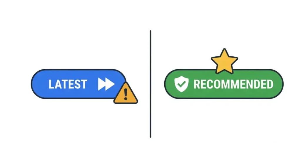 Forge Latest versus Recommended build comparison illustration showing a newest Forge build with a caution icon and a stable Recommended Forge build with a shield check