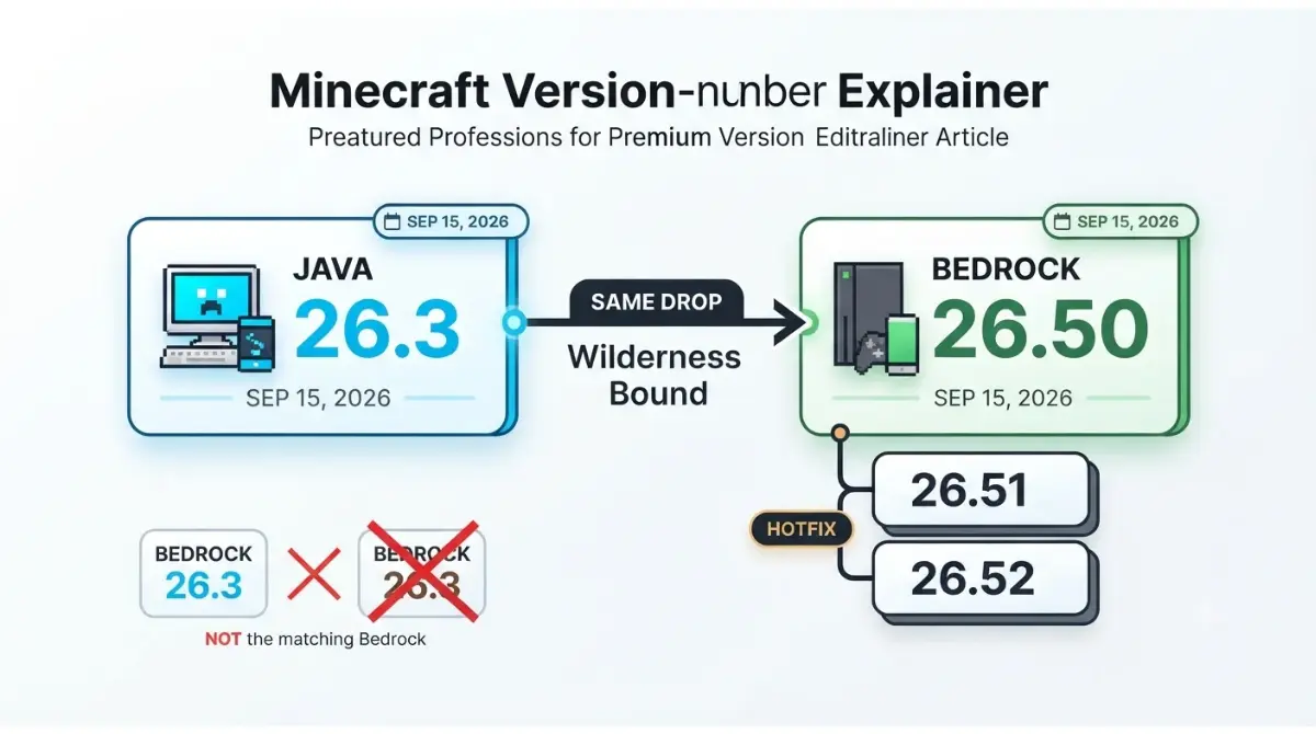 Bedrock Version 26.50 matching Java 26.3 for the Wilderness Bound drop