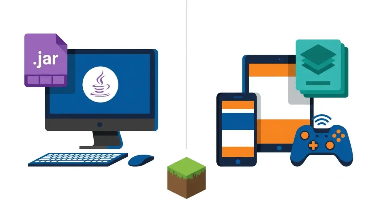 Java Mods versus Bedrock add-ons comparison showing separate systems for PC, mobile, and console