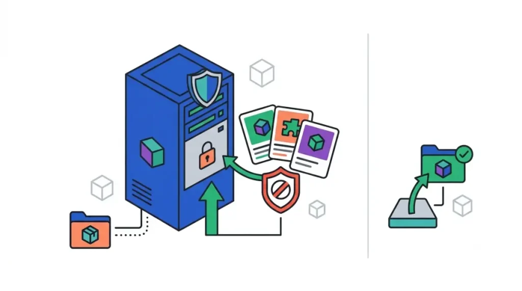 Minecraft Realms Mods illustration showing a Java Realm server blocking Fabric, Forge, and NeoForge mods while allowing a data pack to load.