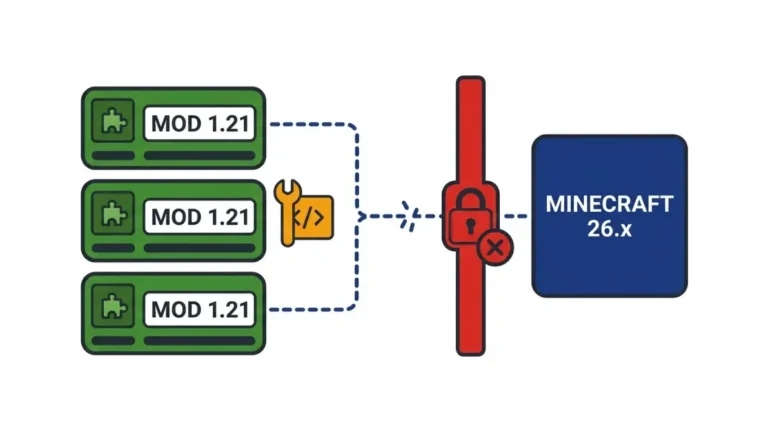 Minecraft 1.21 Mods incompatible with Minecraft 26.x illustration showing a red compatibility barrier