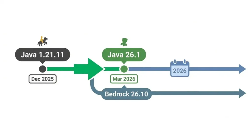 Minecraft 1.22 replacement timeline showing Java 1.21.11 followed by Java 26.1 and Bedrock 26.10