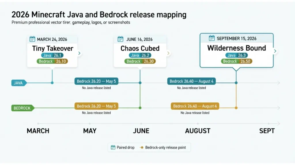 Bedrock Version timeline showing 2026 Java and Bedrock release pairs by date