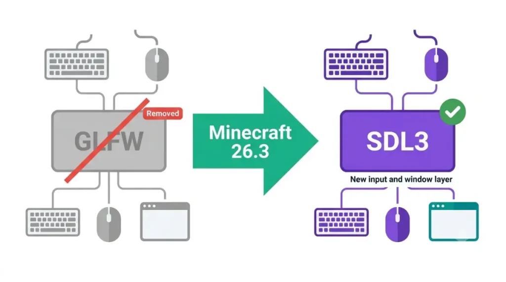Minecraft 26.3 replaces GLFW with SDL3 for keyboard, mouse, and window handling.