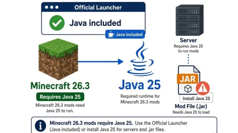 Minecraft 26.3 mods Java Version requirement diagram showing Java 25, with the official launcher bundling Java and server JARs needing a separate install.