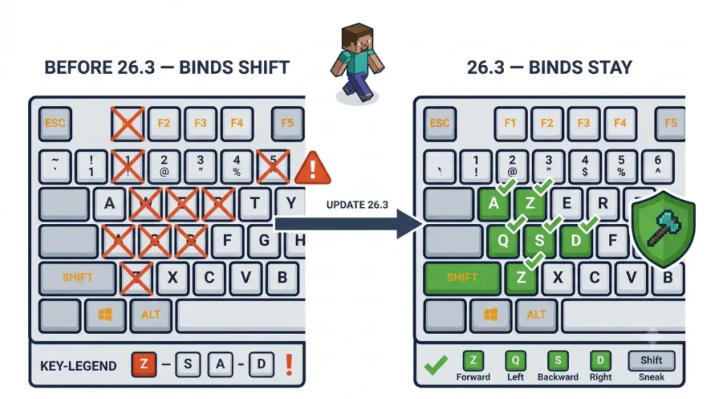 “Minecraft 26.3 SDL3 update fixes shifted AZERTY and non-QWERTY key binds by using physical key positions.”