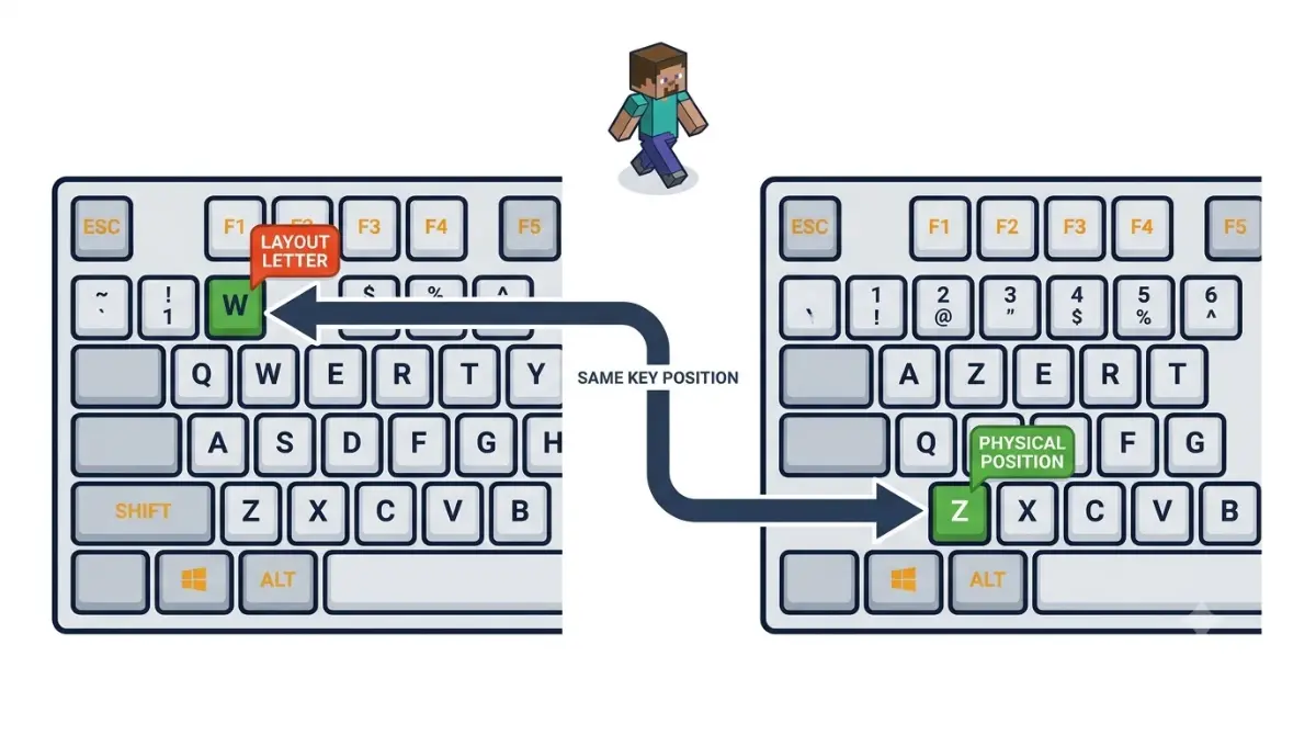 “Minecraft 26.3 SDL3 key binds use the same physical key position on QWERTY and AZERTY keyboards.”