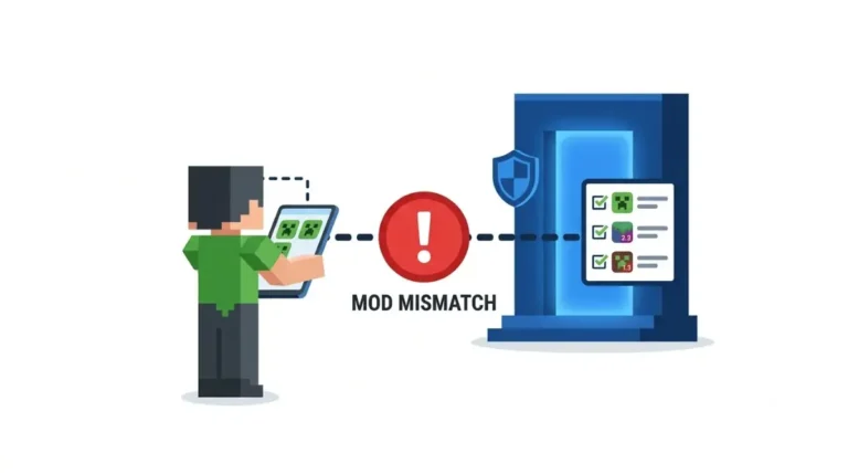 Mod Mismatch explained: vector illustration of a Minecraft player blocked from joining a 26.3 modded server because their mods do not match the server’s mods.