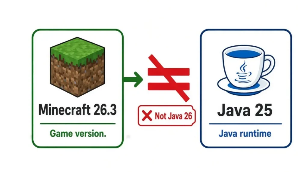 Vector comparison explaining that Minecraft 26.3 is a game version while Java 25 is the required Java Version, and that Minecraft 26.3 does not mean Java 26.