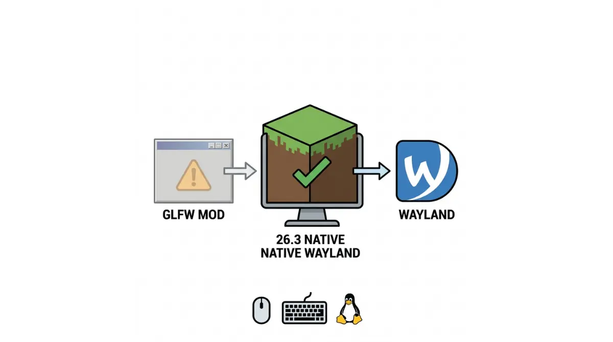 Minecraft 26.3 native Wayland support compared with older Wayland Mods in a flat vector illustration