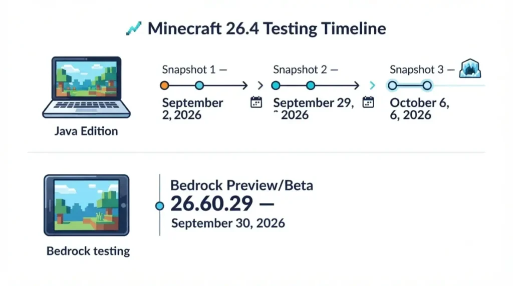Minecraft 26.4 Java snapshots and Bedrock previews shown on a dated testing timeline.