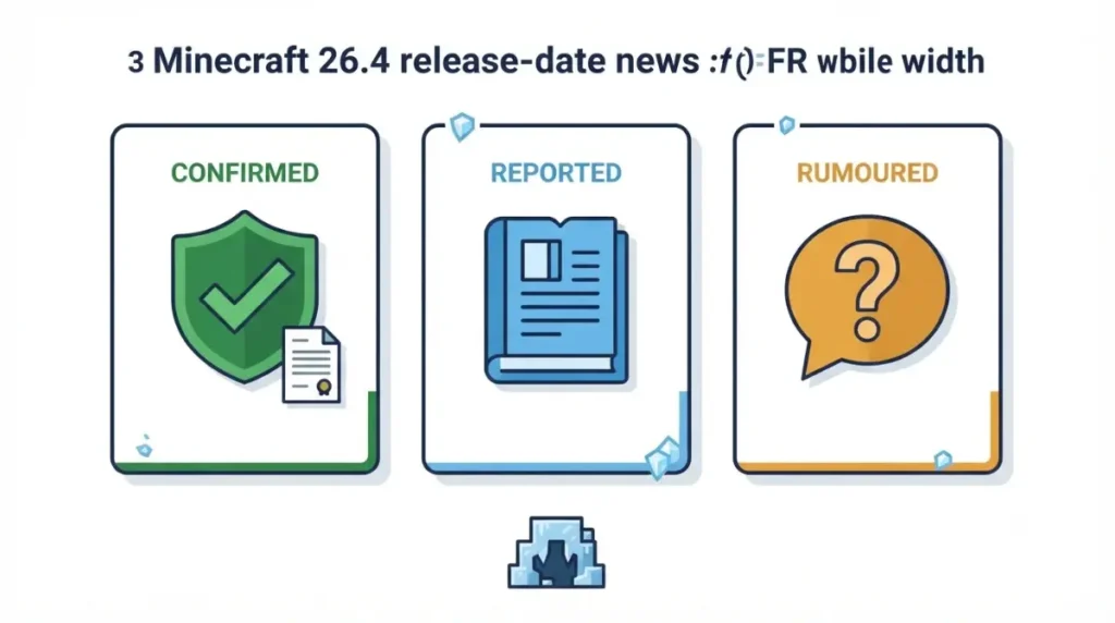 Minecraft 26.4 release-date evidence infographic separating confirmed information, reported details and rumours.