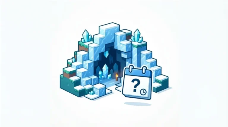 Minecraft 26.4 release-date status illustrated with a blocky ice cave and a calendar showing an unconfirmed date.