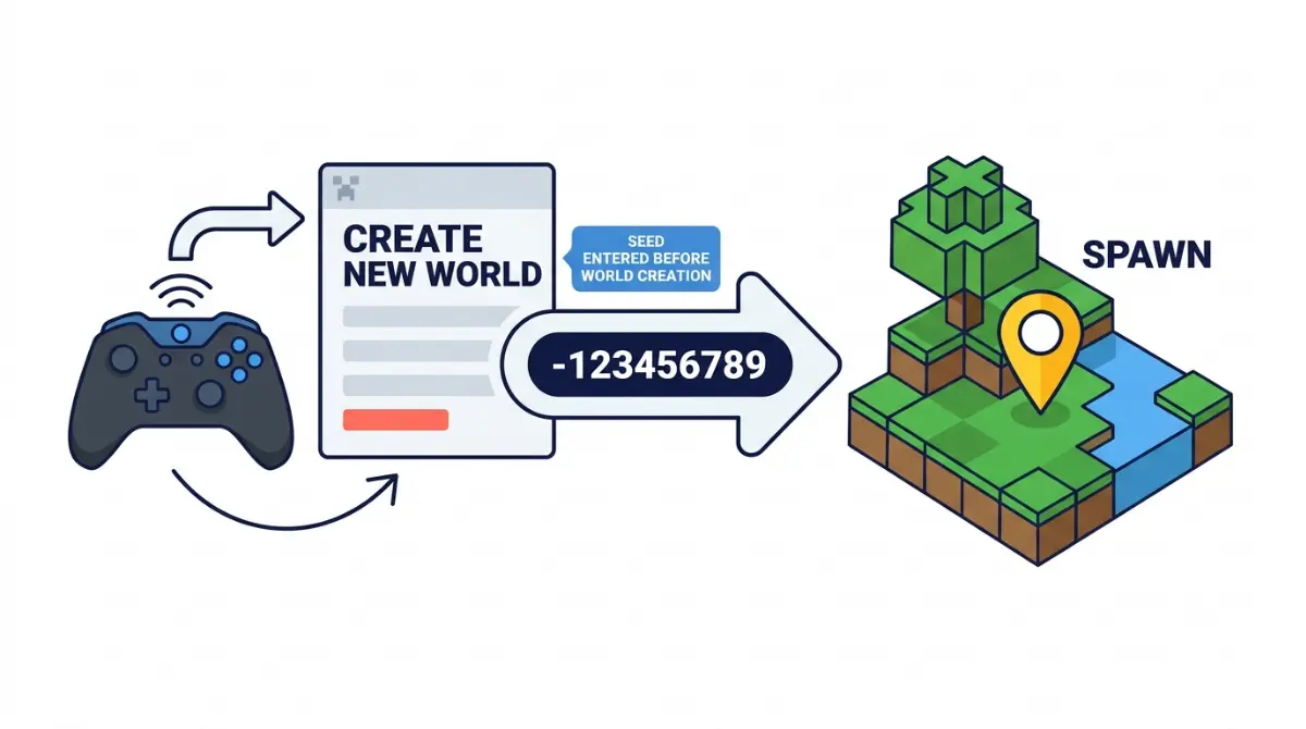 Console Minecraft Bedrock seed entry: vector illustration showing a seed being entered before creating a new world