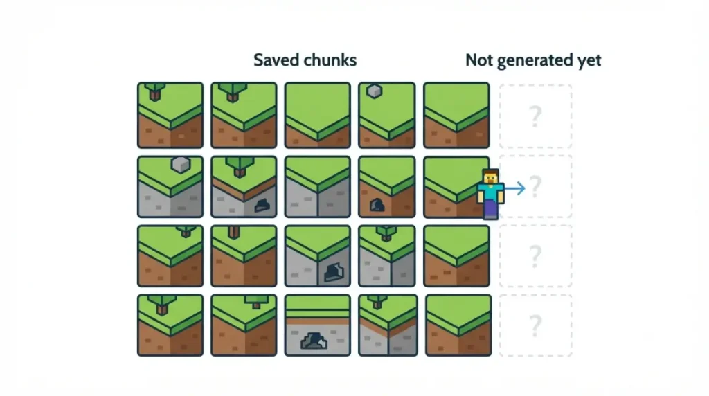 Minecraft chunk generation diagram showing saved chunks and unexplored chunks near a player