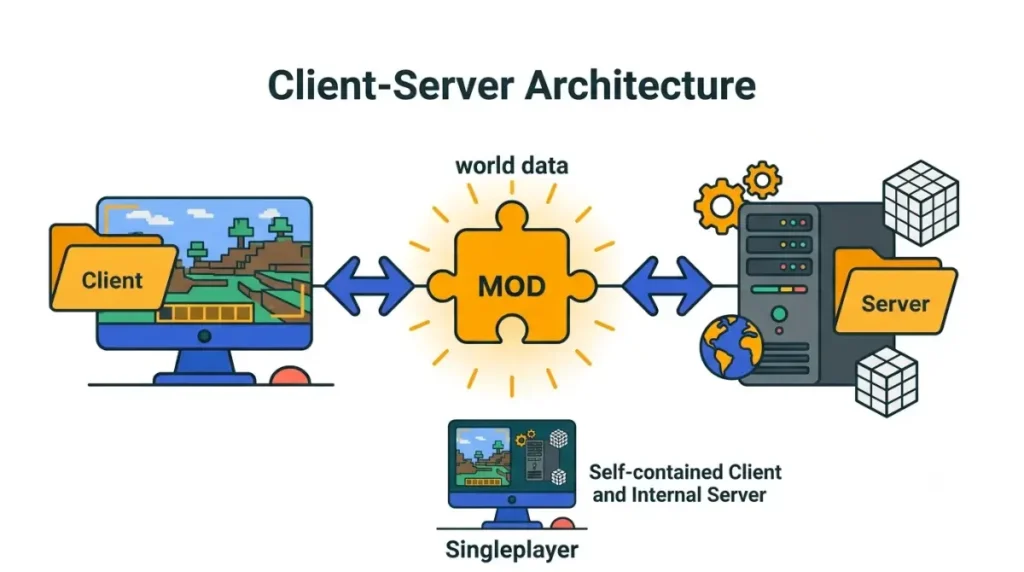 Minecraft Client or Server side diagram showing the game client, dedicated server, and singleplayer internal server