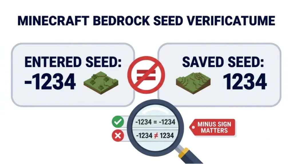 Console Minecraft Bedrock seed verification: vector illustration comparing entered seed -1234 with saved seed 1234