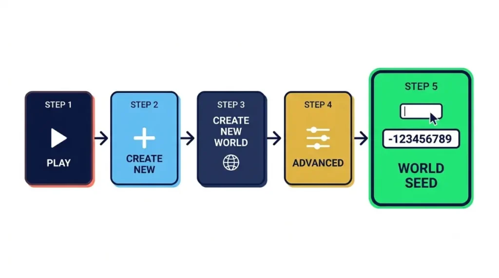 Console Minecraft menu path for adding a Bedrock seed: Play, Create New, Create New World, Advanced and World Seed