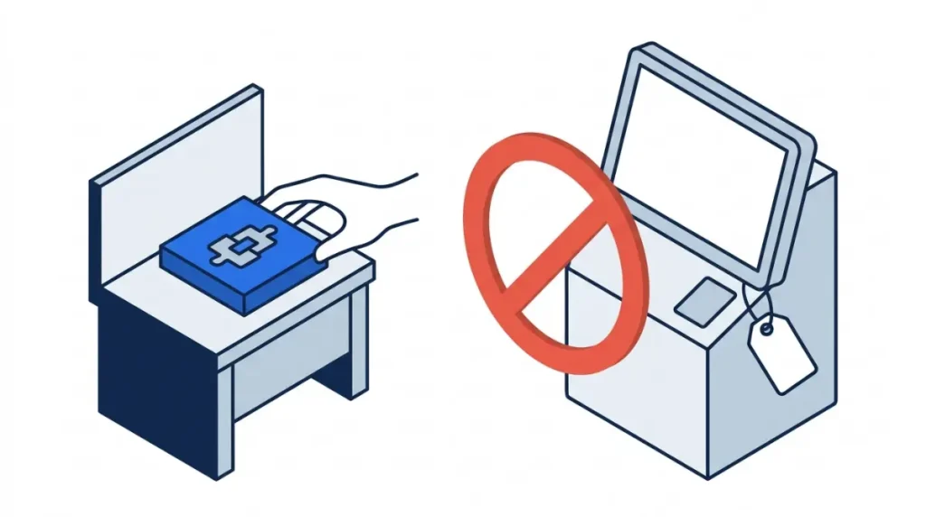 Minecraft EULA illustration showing a creator’s finished mod stopped by a prohibition symbol before reaching a checkout terminal.