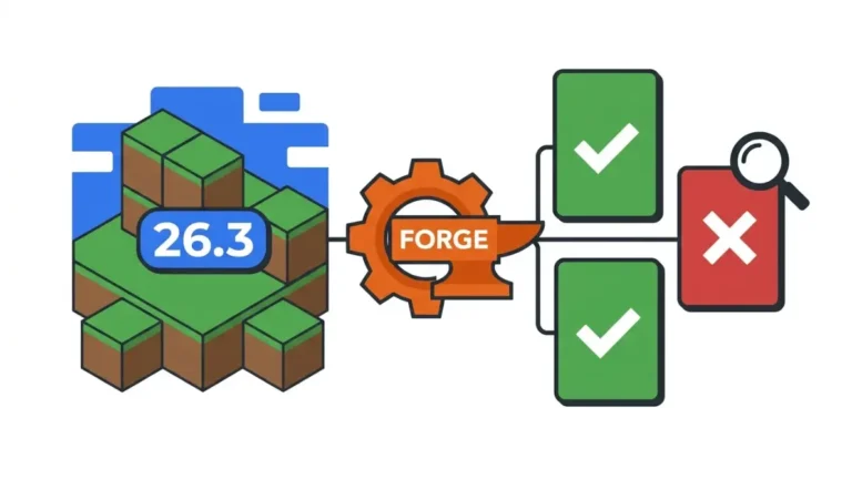 Minecraft Forge 26.3 compatibility illustration showing Forge connecting to Minecraft 26.3 and individual mods that need separate 26.3 builds
