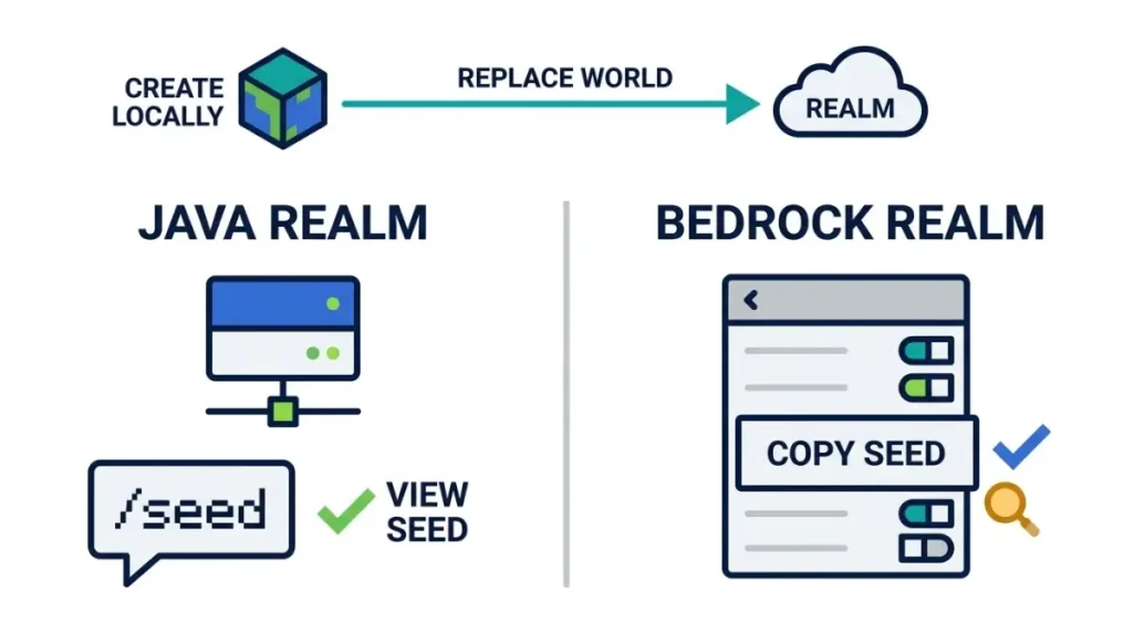 Minecraft Java and Bedrock Realm seed access comparison showing local world creation, Replace World, and seed viewing options.
