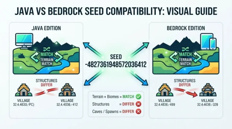 Minecraft Java and Bedrock Seeds showing matching terrain and biomes but different structure locations