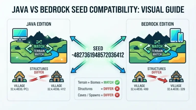 Minecraft Java and Bedrock Seeds showing matching terrain and biomes but different structure locations